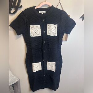 Black Knit Dress with White Crochet Accents